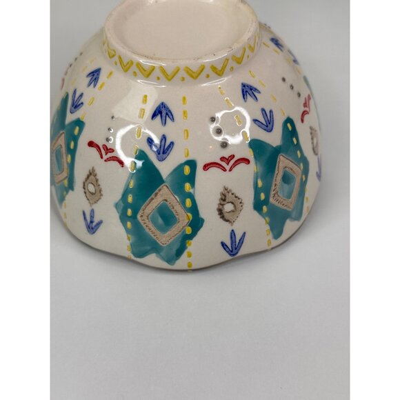 Set Of 4 Hand-Painted Southwest Aztec Boho Ceramic Bowls With Scalloped Edges - Picture 5 of 11